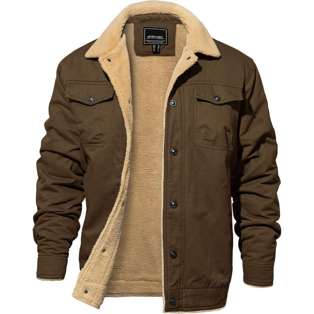 Men's Coffee Winter Thick Thermal Cotton Warm Fleece Lined Coat Cargo Jackets